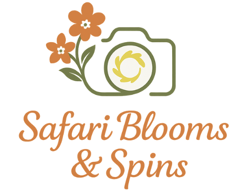 Logo of Safari Blooms & Spins with a camera and flowers design on a white background